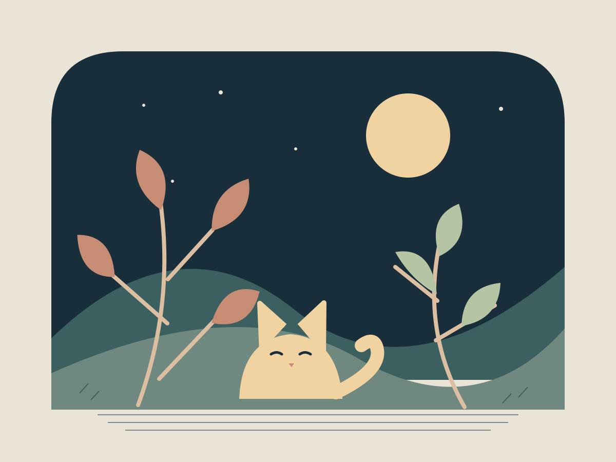 Original night garden illustration with a cream cat, moon and tall leaves